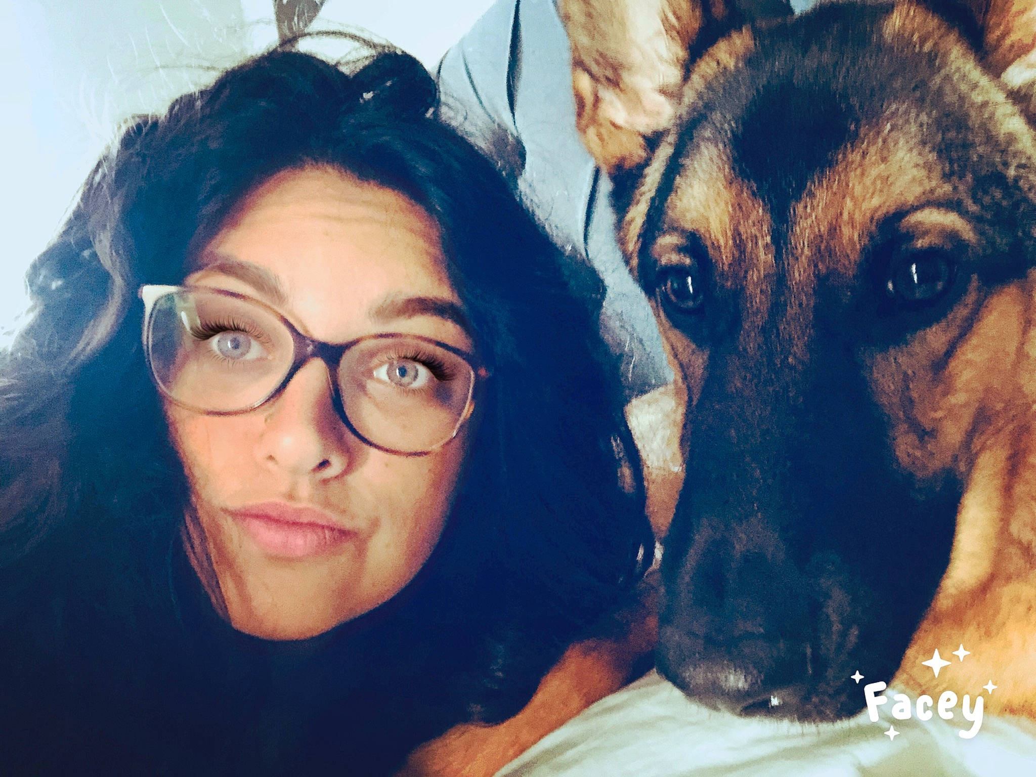 Khalessi is registered to the contest to win money with this photo: cool, dog, dog_breed, ear, eyewear, girl, glasses, person, selfie, smile, snout, vision_care