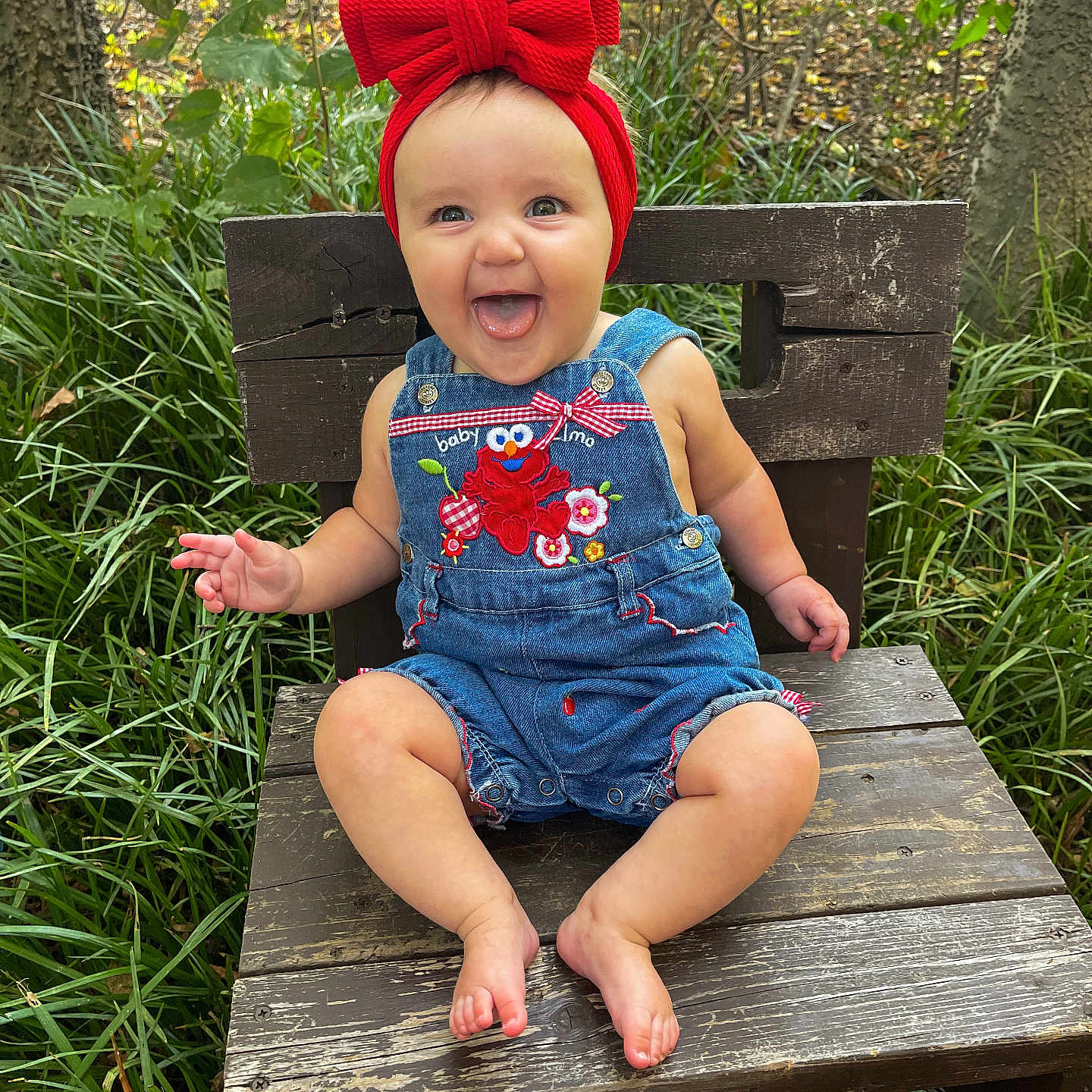 Landrie is registered to the contest to win money with this photo: baby, child, cute, denim_overalls, grass, greenery, happy, headband, infant, nature, outdoor, person, playful, portrait, red_bow, sitting, smiling, summer, tongue_out, wooden_chair