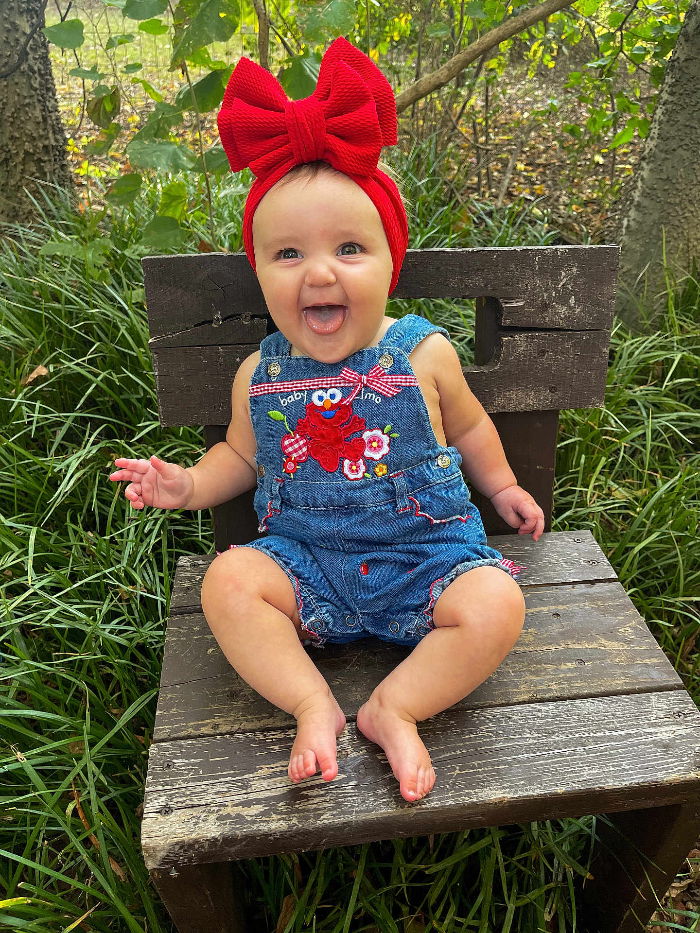 Landrie is registered to the contest to win money with this photo: baby, child, red_bow, denim_overalls, smiling, tongue_out, wooden_chair, outdoor, greenery, grass, happy, cute, infant, nature, portrait, sitting, headband, playful, person, summer