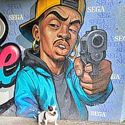 Shaïna participe au concours pour gagner de l'argent avec cette photo : animal, artwork, canine, colorful, concrete, dog, earrings, expression, graffiti, hat, jacket, mural, outdoor, painting, pavement, pet, portrait, street_art, urban, wall