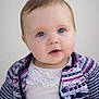 baby, infant, toddler, face, blue_eyes, rosy_cheeks, sweater, cardigan, knitwear, blouse, portrait, close_up, fair_skin, soft_background, looking_up, curious_expression, mouth_open, hair, head, cute