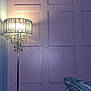 indoor, lamp, floor_lamp, chandelier, light, purple_wall, panel_wall, couch, sofa, gray_cat, kitten, pet, furniture, cozy, home, curious, animal, domestic_cat, resting, soft_light
