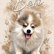 Bali a rejoint le concours — aidez-le/la à gagner de superbes lots ! dog, fluffy, smiling, sitting, paint_splatter, paw_prints, text_overlay, cute, portrait, brown, white, fur, animal, pet, canine, happy, artistic, background, digital_art, illustration