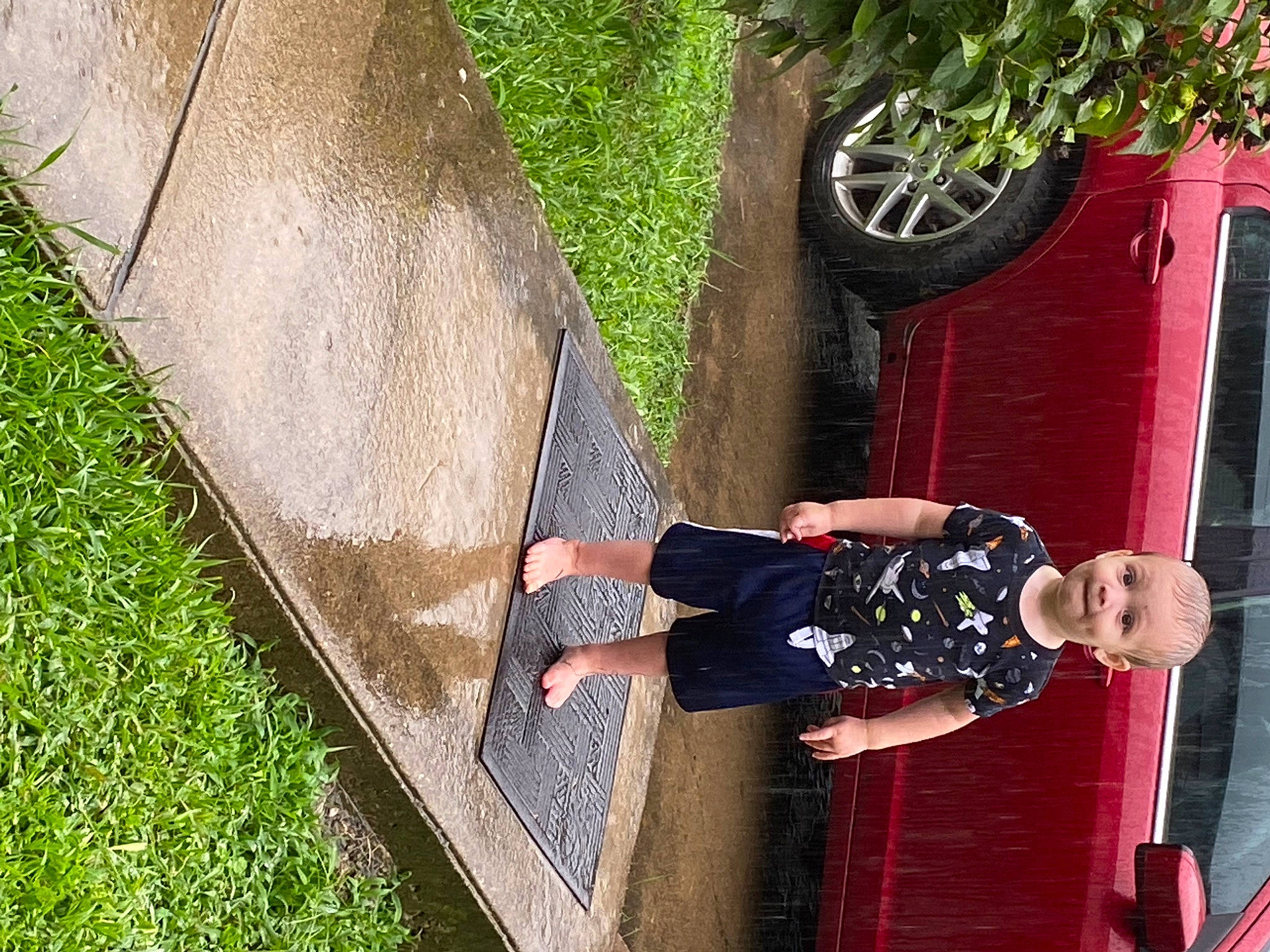 Remington is registered to the contest to win money with this photo: child, flowerpot, fun, grass, leisure, magenta, people_in_nature, person, plant, recreation, smile, t_shirt, tire, toddler, tree, walking_shoe, wheel, wood