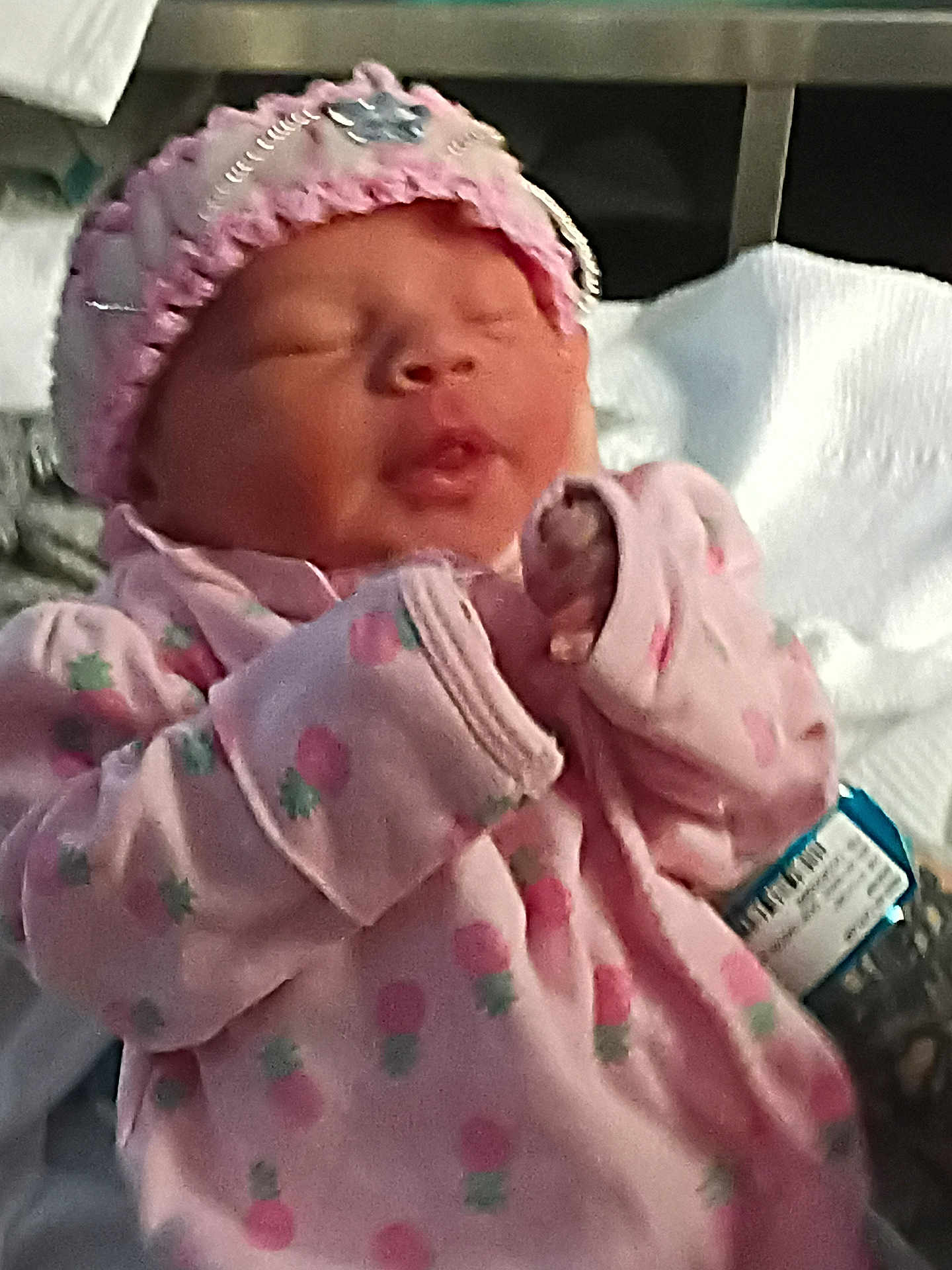 Ruby joined the competition — help win amazing prizes! baby, newborn, infant, pink_clothing, hat, sleeping, hospital, blanket, cute, soft_lighting, cozy, human, child, face, small_hands, wrapped, indoors, bed, clothing, newborn_outfit