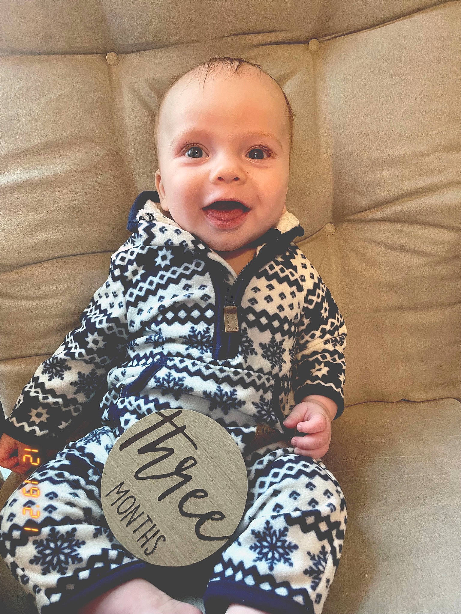 Bentley joined the competition — help win amazing prizes! baby, baby_products, baby_toddler_clothing, cheek, child, comfort, couch, eye, face, flooring, happy, iris, pattern, person, sitting, sleeve, smile, t_shirt, textile, thigh