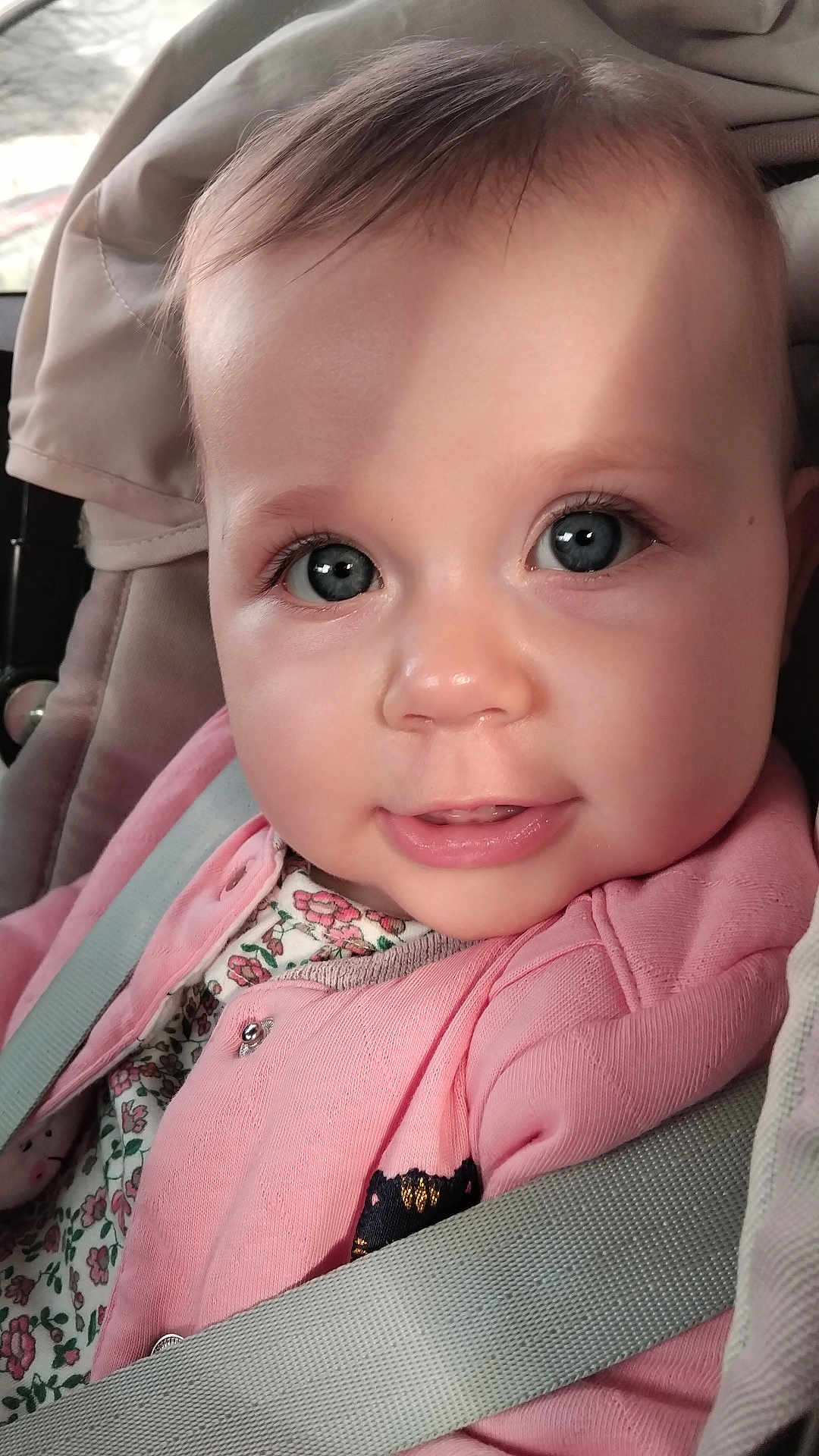 Alice a rejoint le concours — aidez-le/la à gagner de superbes lots ! baby, infant, face, blue_eyes, eyelashes, smile, cheeks, nose, pink_jacket, floral_clothes, car_seat, seatbelt, close_up, portrait, skin, hair, window, sunlight, cute, expression