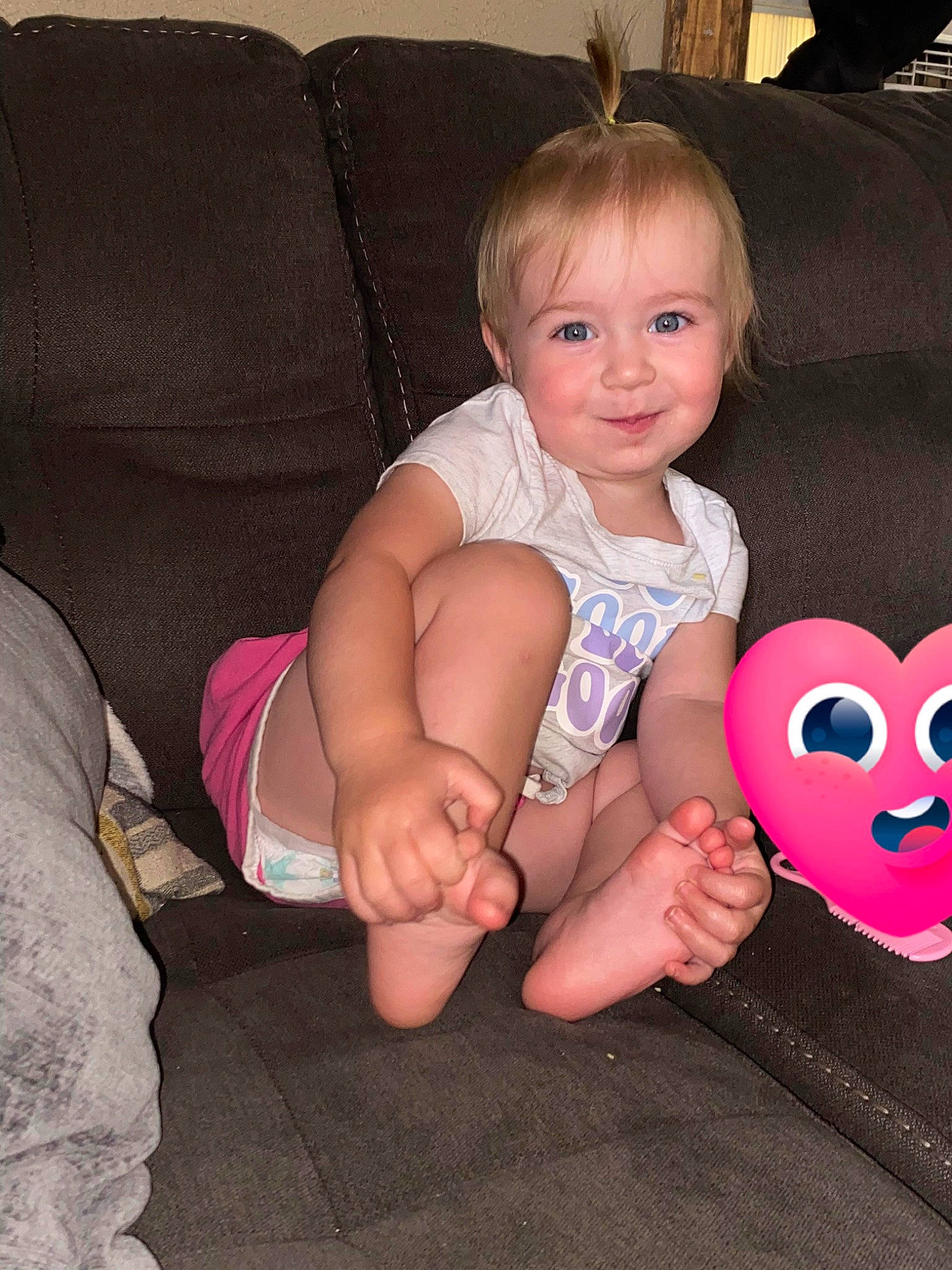 Willow joined the competition — help win amazing prizes! baby, baby_toddler_clothing, cheek, child, comfort, couch, foot, happy, human_leg, iris, joint, joy, lap, nail, person, pink, skin, smile, textile, thigh