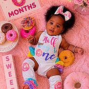 Patience joined the competition — help win amazing prizes! baby, infant, girl, pink, donuts, fluffy_blanket, bow, curly_hair, blocks, milestone, sign, cute, colorful, smiling, playful, soft_toys, celebration, legs, sleeveless_outfit, decorations