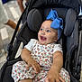 Antonella joined the competition — help win amazing prizes! baby, child, stroller, blue_bow, headband, smiling, happy, infant, cute, clothing, patterned_outfit, legs, feet, hands, person, portrait, outdoor, daylight, people, blurred_background