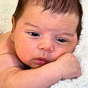 Lian joined the competition — help win amazing prizes! baby, infant, newborn, face, eyes, lips, cheeks, forehead, hair, arm, blanket, plush_blanket, skin, closeup, portrait, indoors, sleepy, resting, cute, chubby_cheeks