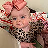 baby, child, pink_bow, headband, leopard_print, clothing, blanket, indoor, cute, drool, portrait, sitting, hand, foot, face, expression, young_child, infant, person, soft_lighting