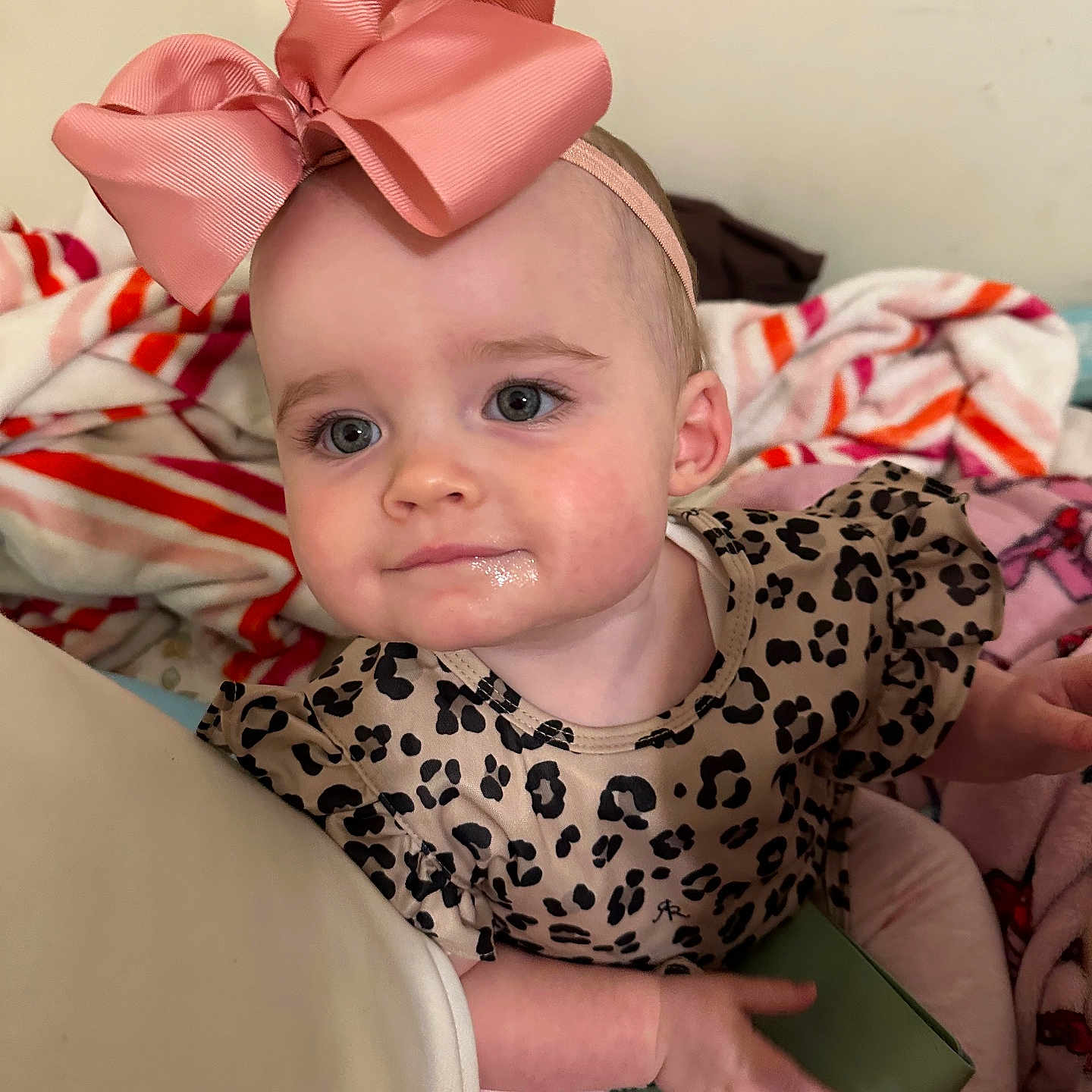 Harmony Fisher joined the competition — help win amazing prizes! baby, child, pink_bow, headband, leopard_print, clothing, blanket, indoor, cute, drool, portrait, sitting, hand, foot, face, expression, young_child, infant, person, soft_lighting