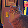 cat, fluffy_cat, long_hair, orange_cat, feline, pet, animal, portrait, sitting, indoors, home, wall, framed_art, light_switch, colorful, neon_lighting, dramatic_lighting, digital_art, close_up, alert