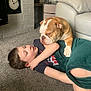 boy, dog, bulldog, carpet, blanket, indoor, sofa, clock, brick_wall, child, pet, resting, tender_moment, home, furniture, casual_clothing, relaxing, brown_white_dog, young_child, comfort
