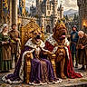 Rea participe au concours pour gagner de l'argent avec cette photo : dogs, dog, mastiff, throne, crown, royal, castle, medieval, courtyard, fantasy, kingdom, costume, cape, fur, collar, banners, guards, knight, mountains, outdoor