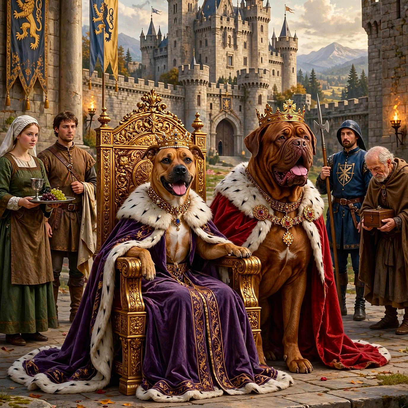 Rea participe au concours pour gagner de l'argent avec cette photo : dogs, dog, mastiff, throne, crown, royal, castle, medieval, courtyard, fantasy, kingdom, costume, cape, fur, collar, banners, guards, knight, mountains, outdoor