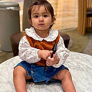 Inayat Kaur joined the competition — help win amazing prizes! toddler, child, indoor, marble_table, remote_control, denim_skirt, vest, long_sleeve_shirt, curly_hair, sitting, barefoot, cute, serious_expression, person, portrait, baby, furniture, floor, blurred_background, curious