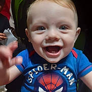 Given joined the competition — help win amazing prizes! baby, child, smiling, blue_shirt, spiderman, toddler, happy, face, hand, portrait, cute, indoor, person, clothing, shorts, red, blond_hair, eyes, mouth, expression