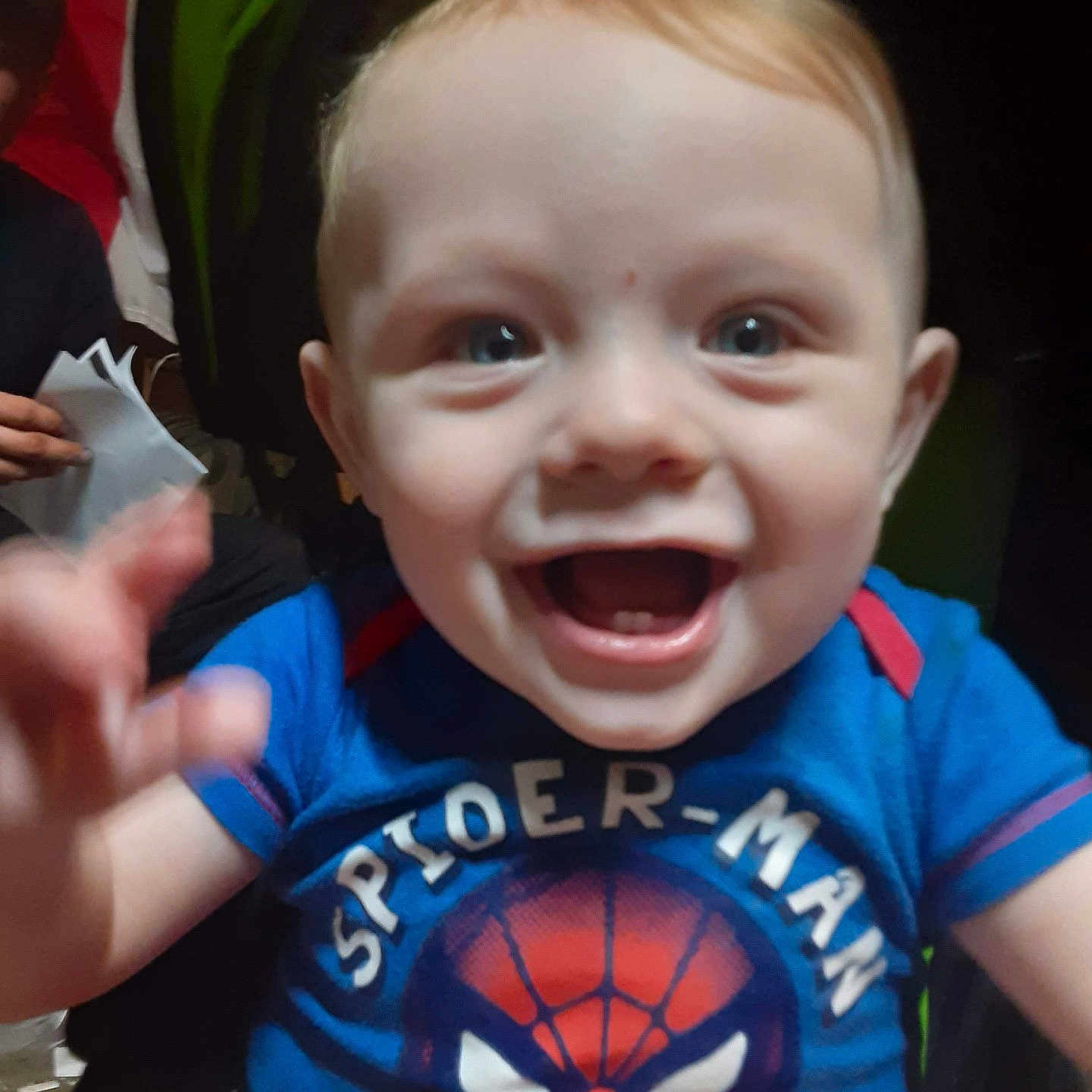 Given joined the competition — help win amazing prizes! baby, child, smiling, blue_shirt, spiderman, toddler, happy, face, hand, portrait, cute, indoor, person, clothing, shorts, red, blond_hair, eyes, mouth, expression