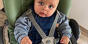 Sandro participe au concours pour gagner de l'argent avec cette photo : baby, child, high_chair, denim_overalls, pacifier, toy, blue_eyes, grey_sweater, straps, indoor, floor, wooden_floor, curious_expression, seated, infant, cute, clothing, person, face, hand