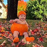 Nathan joined the competition — help win amazing prizes! baby, pumpkin, orange_hat, orange_socks, autumn_leaves, fall, tree, grass, outdoor, smiling, child, seasonal, nature, cute, holiday, hollow_pumpkin, greenery, daylight, playful, portrait