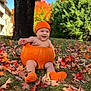 baby, pumpkin, orange_hat, orange_socks, autumn_leaves, fall, tree, grass, outdoor, smiling, child, seasonal, nature, cute, holiday, hollow_pumpkin, greenery, daylight, playful, portrait