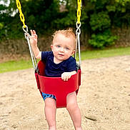 Ronald joined the competition — help win amazing prizes! toddler, child, swing, playground, outdoor, baby, sand, red_swing, blue_shirt, barefoot, grass, trees, nature, summer, happy, cute, fun, play, park, portrait