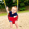 toddler, child, swing, playground, outdoor, baby, sand, red_swing, blue_shirt, barefoot, grass, trees, nature, summer, happy, cute, fun, play, park, portrait