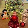 River-Lavinia is registered to the contest to win money with this photo: baby, child, christmas_tree, ornament, red_dress, plush_toy, penguin, polar_bear, holiday, festive, carpet, indoor, decorations, lights, winter, cute, smiling, toy, holiday_season, celebration