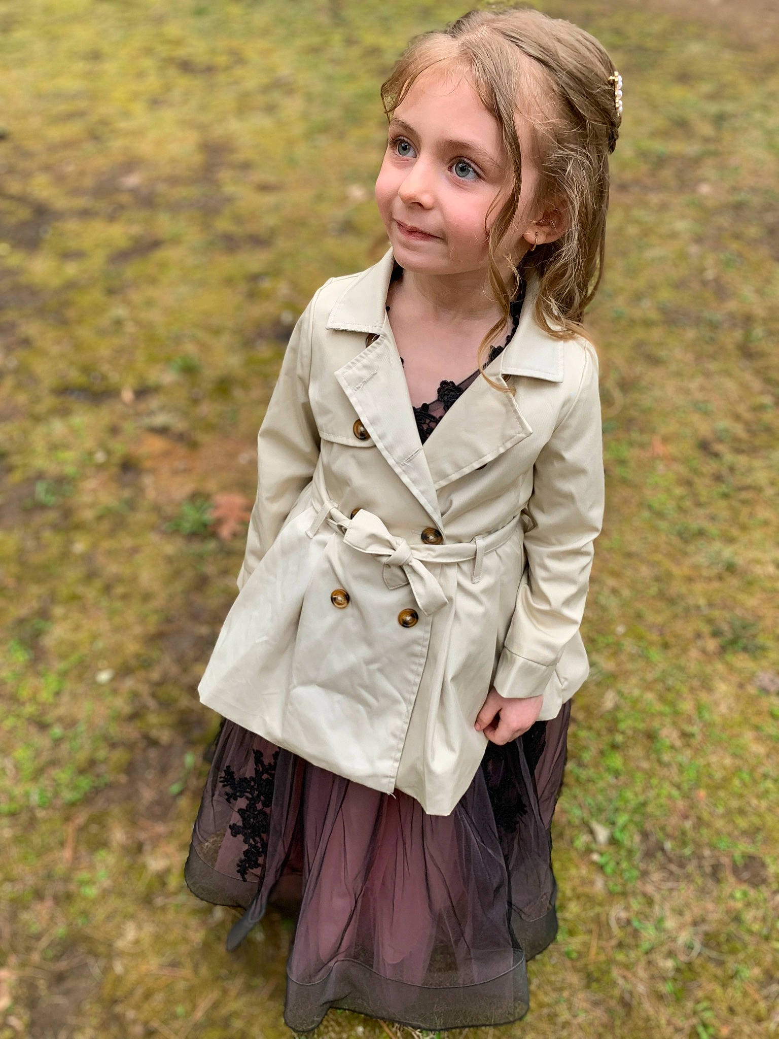 Layla joined the competition — help win amazing prizes! blazer, blond, brown_hair, button, collar, dress_shirt, fashion_design, formal_wear, grass, happy, jewellery, knee, long_hair, neck, pattern, people_in_nature, person, plaid, sleeve, smile