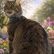 Souki participe au concours pour gagner de l'argent avec cette photo : animal, background_blur, cat, collar, cute, daylight, ears, flowers, fur, garden, greenery, looking_away, mammal, nature, outdoor, pet, sitting, tabby, tongue_out, whiskers