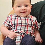Mohammad is registered to the contest to win money with this photo: baby, child, smiling, plaid_shirt, pants, person, indoor, holding, happy, cute, portrait, infant, face, skin, hand, sitting, clothing, adult_arm, background_wall, casual