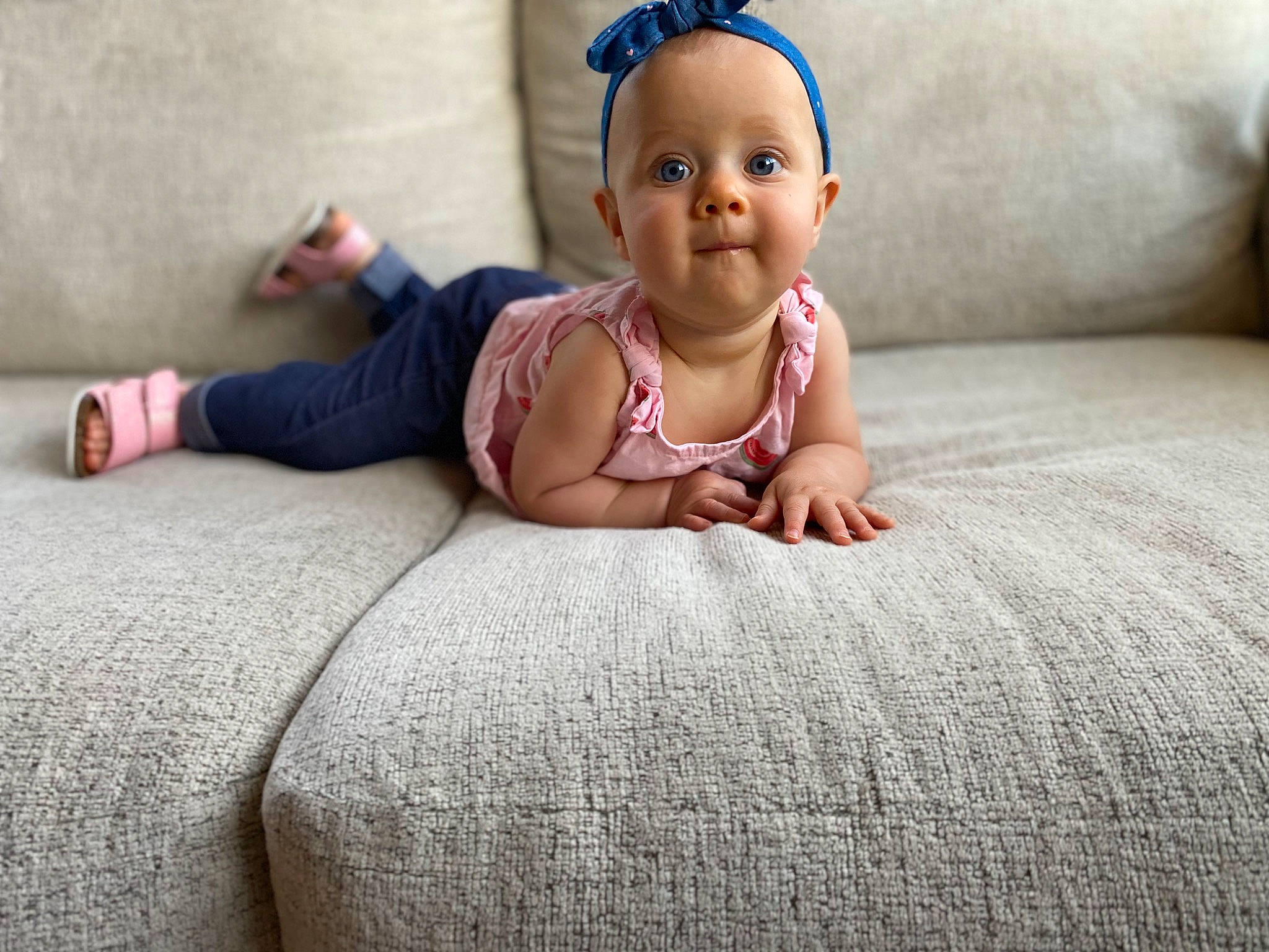 Karlee joined the competition — help win amazing prizes! baby, baby_toddler_clothing, chin, comfort, crawling, facial_expression, finger, flash_photography, floor, flooring, happy, human, linens, people, person, pink, skin, textile, toddler, tummy_time