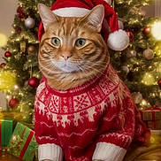 Honeybun joined the competition — help win amazing prizes! cat, celebration, christmas_sweater, christmas_tree, cozy, cute, decorations, feline, festive, holiday, indoor, orange_tabby, ornaments, pet, portrait, presents, red_cushion, santa_hat, seasonal, warm_lighting