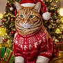 cat, celebration, christmas_sweater, christmas_tree, cozy, cute, decorations, feline, festive, holiday, indoor, orange_tabby, ornaments, pet, portrait, presents, red_cushion, santa_hat, seasonal, warm_lighting
