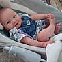 Raelyn joined the competition — help win amazing prizes! baby, infant, smiling, denim_overall, baby_seat, blanket, pacifier_clip, cute, child, indoors, carpet, clothing, face, hand, foot, resting, comfort, soft, relaxed, young