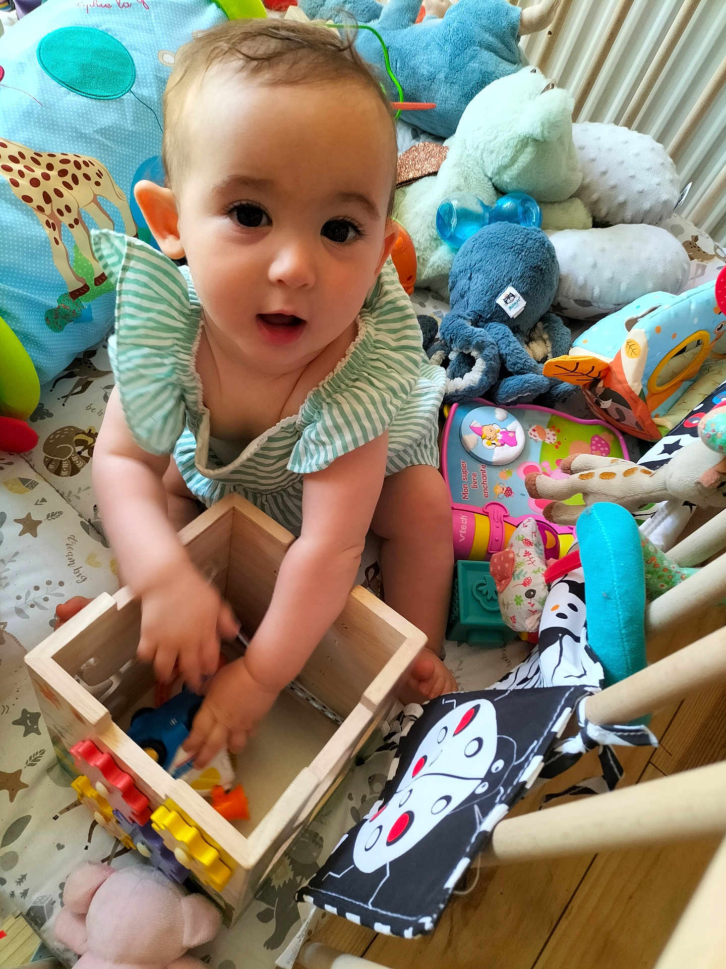 Lison participe au concours pour gagner de l'argent avec cette photo : baby, child, toy, wooden_box, plush_toy, stuffed_animal, play_mat, floor, indoor, curious, striped_clothing, octopus_toy, giraffe_toy, colorful, playtime, infant, hand, face, expression, crawling