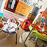 baby, babies, child, infant, baby_rocker, activity_jumper, toys, mirror, kitchen, wooden_cabinets, flooring, carpet, smile, happy, play, indoor, furniture, bag, blanket, person