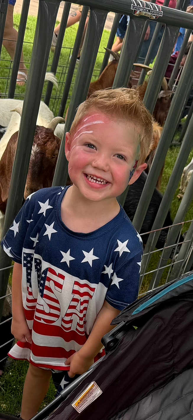 Nolan is registered to the contest to win money with this photo: child, smiling, face_paint, usa_shirt, goat, animal_pen, outdoor, grass, stroller, metal_bars, happy, portrait, casual_clothing, daylight, festival, petting_zoo, young_child, people, livestock, fun