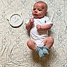 baby, infant, onesie, blue_socks, blanket, bear_pattern, lying_down, frame, 2_months, cute, portrait, child, newborn, human, small, indoors, soft, expression, light, skin