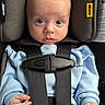 baby, child, car_seat, blue_clothing, blanket, infant, seatbelt, straps, face, head, hands, cushion, safety, indoors, person, portrait, young_child, cute, secure, closeup