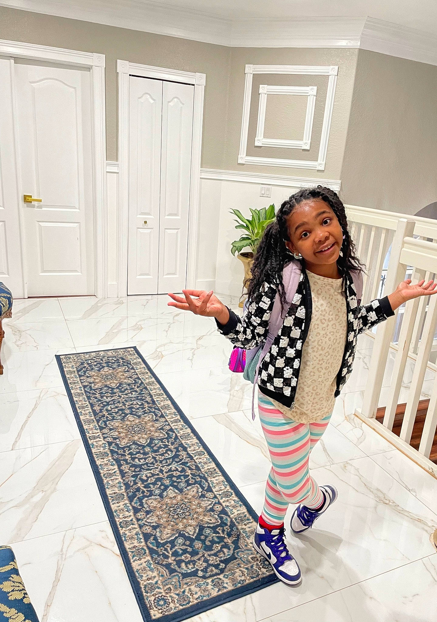 Shyla is registered to the contest to win money with this photo: door, fashion_design, floor, flooring, happy, house, human_leg, interior_design, joy, knee, linens, pattern, person, purple, room, sleeve, sock, standing, textile, waist