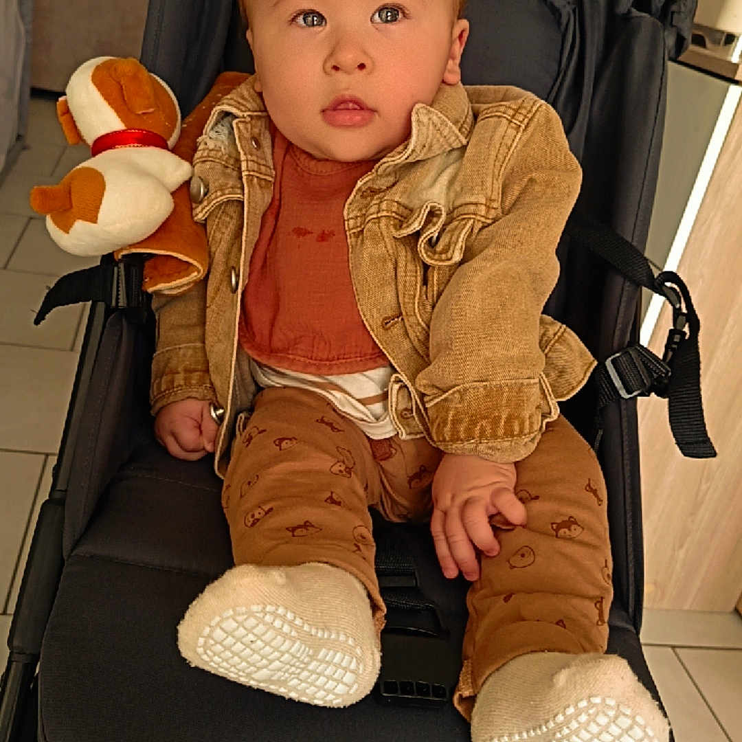 Adam participe au concours pour gagner de l'argent avec cette photo : baby, baby_clothes, black_stroller, brown_clothing, child, curious_expression, face, floor_tiles, footwear, hand, indoors, jacket, mocha_hair, person, plush_toy, seated, socks, soft_toy, stroller, toy