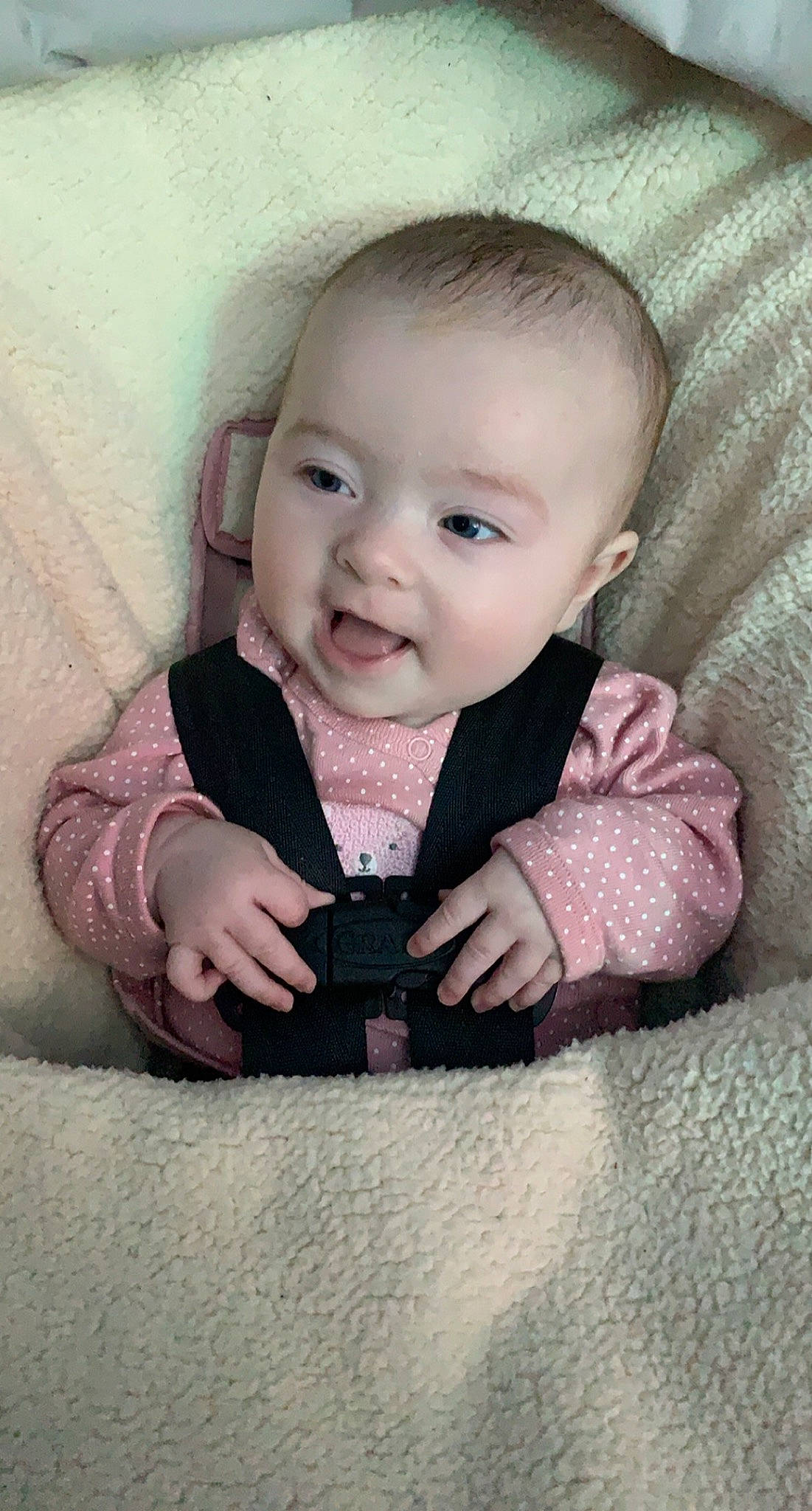 Addisyn joined the competition — help win amazing prizes! arm, baby, baby_toddler_clothing, cheek, comfort, dress, eyelash, finger, flash_photography, gesture, hand, happy, human_body, linens, lip, person, pink, skin, sleeve, smile