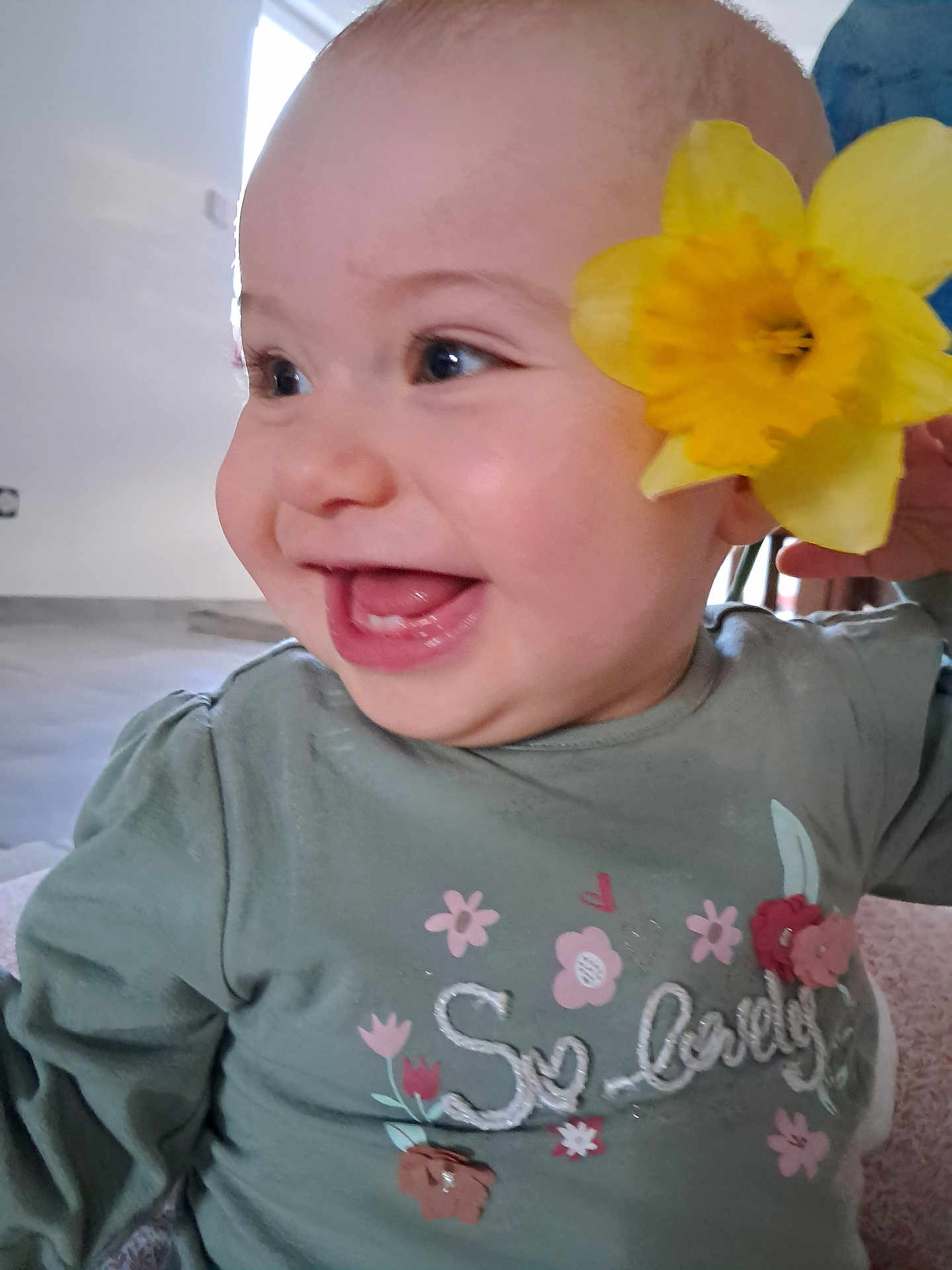 Lise a rejoint le concours — aidez-le/la à gagner de superbes lots ! baby, child, flower, smiling, happy, indoor, green_shirt, text_on_clothing, cute, face, hand, head, eyes, mouth, tongue, skin, person, toddler, natural_light, decorative_flower