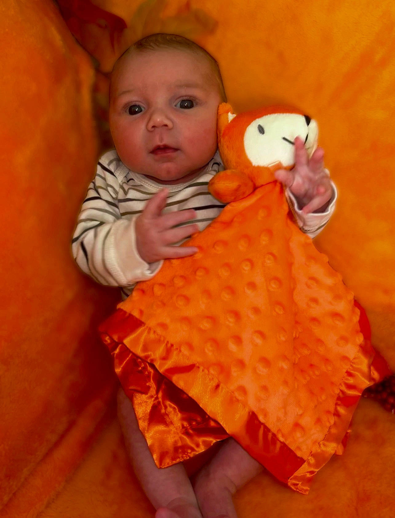 Lane joined the competition — help win amazing prizes! baby, baby_toddler_clothing, child, doll, dress, eye, face, finger, head, linens, nose, one_piece_garment, orange, person, pink, skin, sleeve, textile, toddler, toy