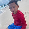 child, boy, beach, sand, water, ocean, shoreline, clouds, sky, person, red_shirt, blue_shorts, wet_sand, sitting, outdoor, casual_clothing, summer, vacation, nature, relaxation