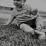 Noah a rejoint le concours — aidez-le/la à gagner de superbes lots ! child, toddler, grass, outdoor, black_and_white, smiling, casual_clothing, shorts, polo_shirt, sneakers, sitting, nature, cute, young_child, happy, portrait, daylight, playful, blurry_background, person