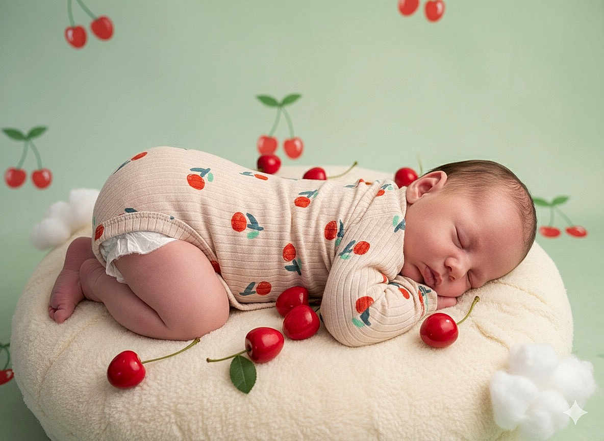 Mira participe au concours pour gagner de l'argent avec cette photo : baby, sleeping, onesie, cherry_pattern, cushion, fluffy, red_cherries, cotton_clouds, background, infant, peaceful, cute, soft_texture, child, newborn, pose, decor, studio, photography, resting